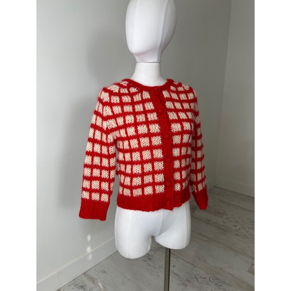 Red Cream Hand Knit Grid Cardigan Fuzzy Chunky Button Front Sweater Cropped